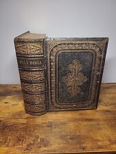 c1870 ANTIQUE ILLUSTRATED FAMILY HOLY BIBLE leather BEAUTIFUL folio RARE old picture