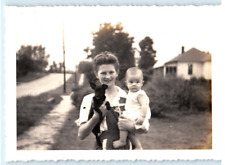 Vintage Photo May 1944, Proud Mother holding puppy and baby, 4.5x3.5 picture