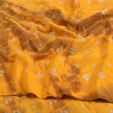 Sanskriti Vintage Sarees Mustard Tiedye Hand Beaded Pure Crepe Sari Craft Fabric picture