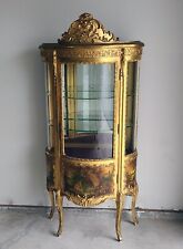 Antique French Vitrine Gold Gilt Curio Display Cabinet w/ Bow Glass & Lock/Key picture