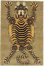 Khaki Tribal Pictorial Tiger 4X6 Fine Nepali Oriental Rug Handmade Plush Carpet picture