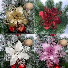 1-10pcs Christmas Poinsettia Glitter Flower Tree Hanging Xmas Party Decoration picture