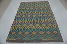 6x8 Turquoise Blue Reversible Afghan Hand Woven Wool Bohemian Area Rug 6'0