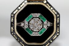 Vintage 12k Gold Natural Diamond And Caliber Emerald Decorated Ring picture