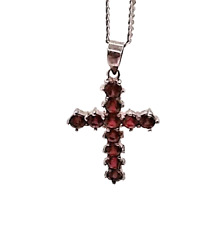 Vintage 925 Sterling Silver Red Gems Cross Pendant 16 Inch Chain Necklace picture
