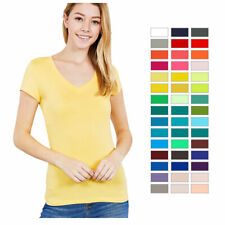 Women V Neck Crew T Shirt Short Sleeve Solid Fitted Stretchy Basic Soft Top S-XL picture