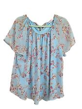 LC Lauren Conrad Blue Floral Short Sleeve Top Size XL Blouse Flutter Sleeve picture