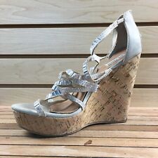Not Rated Strappy Cork Wedge Heels Women 8.5 Silver Open Toe Sandals Pumps picture