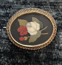 Antique  Victorian 14K Yellow Gold Pietra Dura Mosaic Flower Floral Brooch Pin picture
