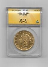Scarce 1874-CC US $20 Liberty Double Eagle Gold Coin/Graded ANACS EF45 Details picture