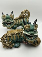 Vintage Pair Of Chinese Foo Dogs Teeth Ornate Stamped Green/yellow Marked 10” picture