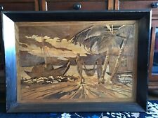 Antique Marquetry Fisher Men Figures Boats Palm Tree Scene Wooden Wall Folk Art picture