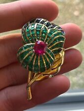 Pretty Vintage Estate Floral Leaves Brooch Ruby Emerald and Sapphire Pin 925 Sil picture
