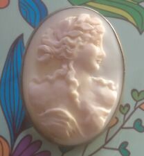 Two Rare Victorian Antique Hand Carved Pale Pink Conch Shell Cameo Brooches picture