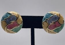 Gorgeous Vintage Enamel Multicolored Pastel Swirls Gold Accents Clip On Earrings picture