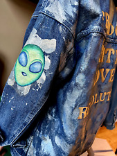 OOAK , custom made Denim Jacket, Glitter Hand painted with alien and peace sign picture