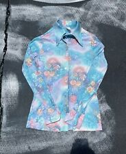 Vintage 70s Women’s Button Up Shirt Pointed Collar Floral Colorful Pattern Hippy picture