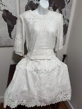 Vintage Le Kartier 2 Piece Linen Skirt Set White With Embroidery Lace Size 12 picture