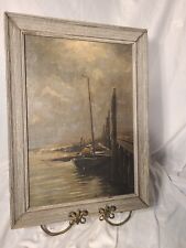 Antique Oil on Canvas, Nautical, Fisherman at the docks 1800's Painting Signed picture