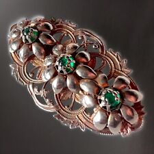 Vintage 1930s Silver Tone Green Glass Cabochon Floral Brooch Pin picture
