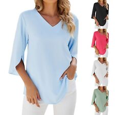 Women's Fashion Solid Color Chiffon Shirt 3/4Sleeve V-Neck Split Loose Top Tees picture