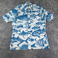 Vintage Jim Tillett Shirt Mens Medium White Blue Hawaiian Fish Short Sleeve picture