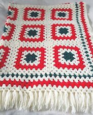 Vintage Crochet Granny Square Blanket Afghan With Tassels Red Green Ivory picture