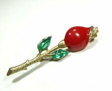 VINTAGE BEAUTIFUL RED GREEN ENAMEL ROSE FLOWER BROOCH PIN COSTUME  JEWELRY  picture