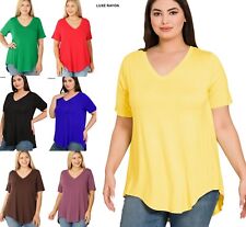 1X 2X 3X Luxe Rayon V Neck Short Sleeve Top Hi-Low Rounded Hem Loose Fit T Shirt picture