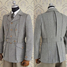 Gray Tweed Men's Safari Jacket with Belt Herringbone Wedding Hunting Coat Pant picture