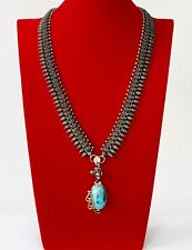 Vintage Sky Blue Cabochon Turquoise Pendant Handmade Antique Silver Necklace picture