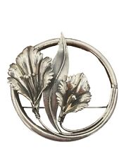 Large Art Nouveau Round 3d Flower Lily Leaf Brooch Pin 3” Marked Sterling picture
