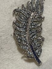 SILVERTONE ART NOUVEAU FEATHER LEAF PIN BROOCH WITH BLUE RHINESTONES picture