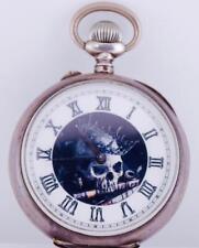Antique Gothic MEMENTO MORI Silver Pocket Watch-Fancy Enamel Skull Dial c1890s picture