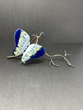Vintage Bovano Style Butterfly On Branch MCM Painted Enamel Metal Sculpture Blue picture