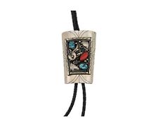 Navajo Bolo Tie .999 Nickel Coral & Turquoise Signed Animal Paw C.80's picture