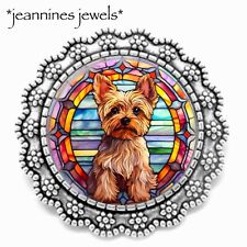 Yorkshire Terrier Dog BROOCH Faux Stained Glass ART PRINT Silver LAPEL Pin picture