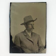 Big Mustache Cowboy Man Tintype c1870 Antique Western Boy 1/6 Plate Photo A4090 picture