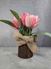 Pink Potted Faux Tulips with Circular Wooden Vase Tabletop Decor picture