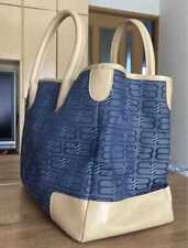 BALENCIAGA Tote Handbag Logo Canvas Leather Blue Beige women's USED FROM JAPAN picture