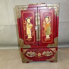 VTG Red Lacquer Chinese Japanese Asian Jewelry Box Cabinet Brass Accent 5 Drawer picture