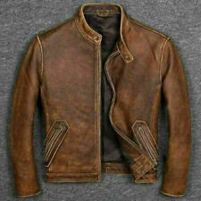 Men's Biker Cafe Racer Vintage Motorcycle Distressed Tan Brown Leather Jacket picture
