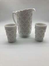 Vintage Westmoreland Old Quilt Pattern Large Milk Glass Pitcher And Tumblers picture