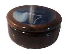Vintage Round Brazilian Wooden Cobalt Blue Agate Inlaid Top Trinket Jewelry Box picture