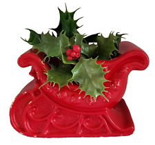 Vintage Christmas Ceramic Sleigh Red Ornate Rustic Sled Shabby Chic Planter Vase picture