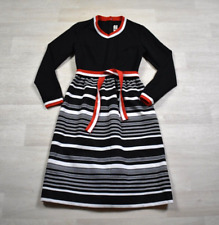 70s Polyester Midi Dress Long Sleeve Black White Stripe Belt VTG 1970s picture