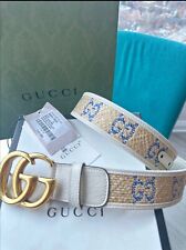 NEW Gucci GG Marmont G Print Raffia Straw Wide Belt 80 In Tan White Blue picture