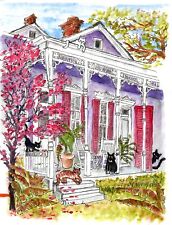 Cats At A Purple House, New Orleans House, Ginger Cat, White Cat, Pink Blossoms picture
