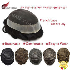 US Mens Toupee French Lace Hairpiece Poly Pu Skin Around Hair System Replacement picture