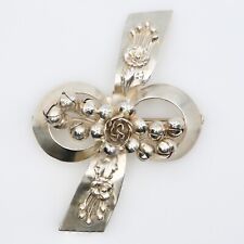 Vintage Hobe Ornate Satin Sterling Silver Flowers and Bow Floral Brooch 1940s picture